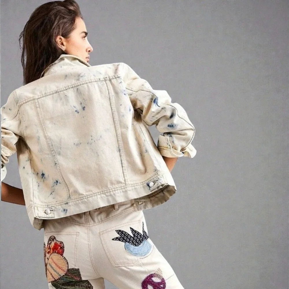 Free People Bleach Wash Denim Jacket Cropped Jean Jacket Sz L - Picture 4 of 15
